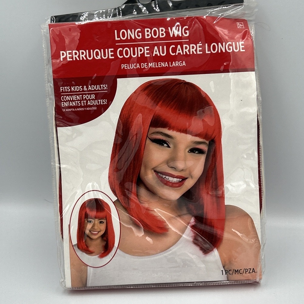 Amscan‎ Red Long Bob Wig Halloween Costume Accessory Adjustable Cap Kids Adults